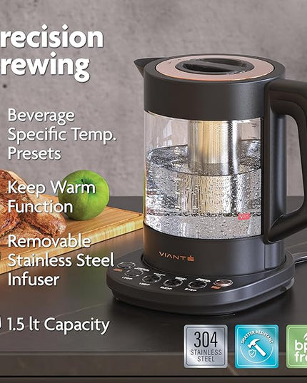 Vianté Luxury Tea Set. Electric Kettle with Infuser for Loose Leaf And Ceramic Serving Set. Teapot and Cup Set with Wooden Tray. Excellent Gift Idea For Tea Lovers.