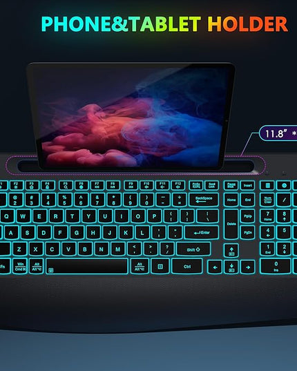 JOYACCESS Ergonomic Wireless Backlit Keyboard with Phone Holder,Rechargeable Wireless Keyboard Mouse Combo with Light Up Keys for for Laptop, PC, Mac, Windows-Grey