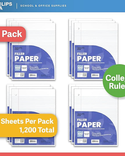 Loose Leaf Paper College Ruled Notebook Paper College Ruled Lined Writing Filler Paper 10.5” x 8” 1200 Sheets 100 Sheets Per Pack 60 gsm (12 Pack)