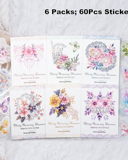 AuriicLeaf Floral PET Sticker Set, 60PCS Transparent Butterfly, Lace, and Flower Stickers for Scrapbooking, Journaling, Planners and DIY Crafts