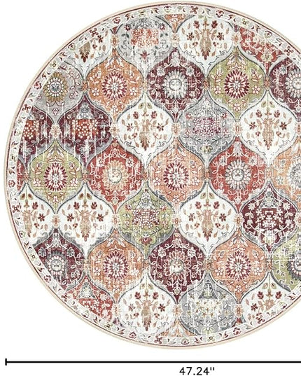 Lahome Moroccan Trellis Washable Round Rugs, Non-Slip Soft Round Rug 4ft Ultra-Thin, Small Vintage Circle Carpet for Entryway Kitchen Bedroom Nursery Bathroom, Orange/Terracotta