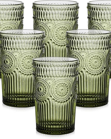 Vintage Glassware Drinking Glasses Set of 6,13 oz Green Textured Flower Design Glass Water Tumblers，Embossed Striped Drinkware for Water,Cocktails,Juice,Iced Coffee
