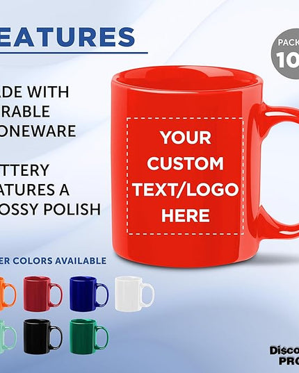 Custom Ceramic Coffee Mugs 11 oz. Set of 100, Personalized Bulk Pack - Coffee cup set, Iced coffee cup, Gaming mug - Red