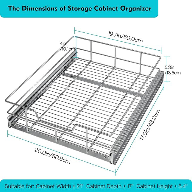 Pull Out Cabinet Organizer 20" W X 17" D, Slide Out Drawers For Kitchen Cabinets, Pull Out Drawers For Cabinets Capacity Heavy Duty Caddy, Cabinet Pull Out Shelves Chrome-Plated, Bathroom Pantry