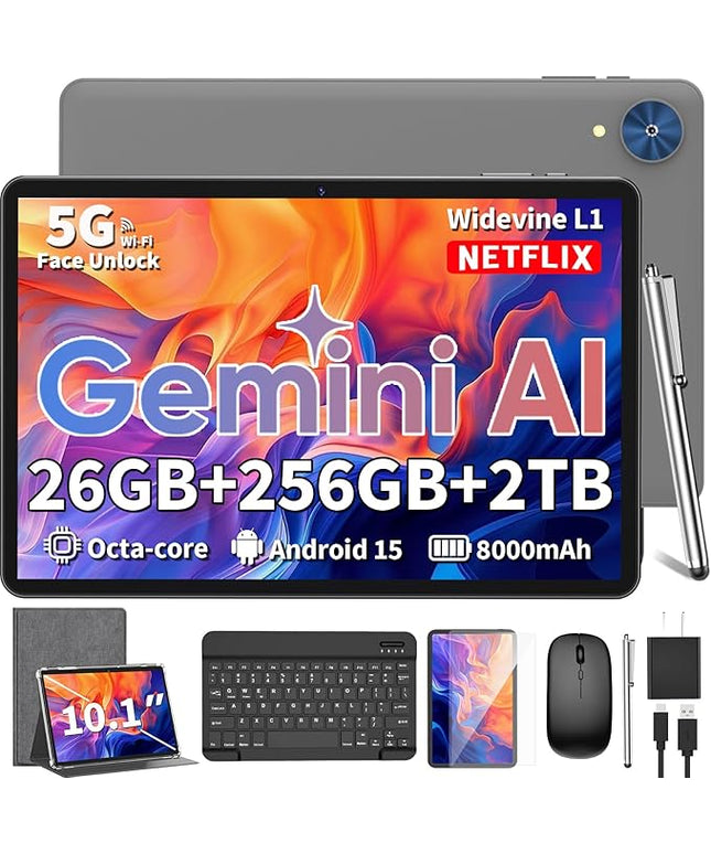 Relndoo Android Tablet, 10.1 inch Android 15 Tablet with Keyboard, 24GB+256GB+2TB Expandable, 2 in 1 Tablets with Keyboard Case Mouse Stylus, Gemini AI, 8-core, 8000mAh, 5G WiFi, GMS,GPS (Silver)
