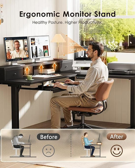 OffiGo 59 Inch L Shaped Electric Standing Desk with Drawers, Height Adjustable Corner Computer Desk with Keyboard Tray & Monitor Stand, Stand Up Table for Home Office Workstation, Black