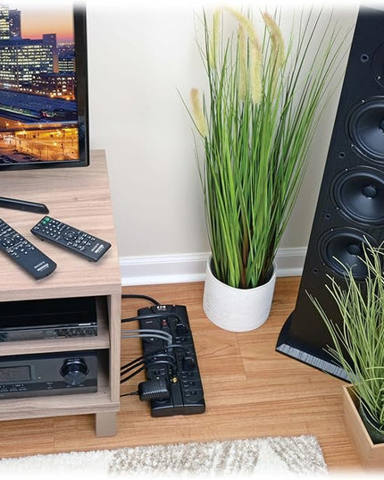 Eaton Tripp Lite TLP1208SAT Home Theater Surge Protector Power Strip, 12 Outlets, Flat Plug 8ft Extension Cord, 2880 Joules Coax, RJ11 and RJ45 Port for Phone, TV, WiFi Router, & Ethernet Protection