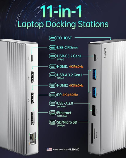 USB C Docking Station 3 Monitors,11 in 1 Laptop Docking Station Dual Monitor with Dual HDMI 4K@60hz+DP 4k@60Hz+Ethernet+3USB+1USB C+PD+SD/TF,USB C Hub Multiport Adapter for Dell/HP/Surface/Lenovo