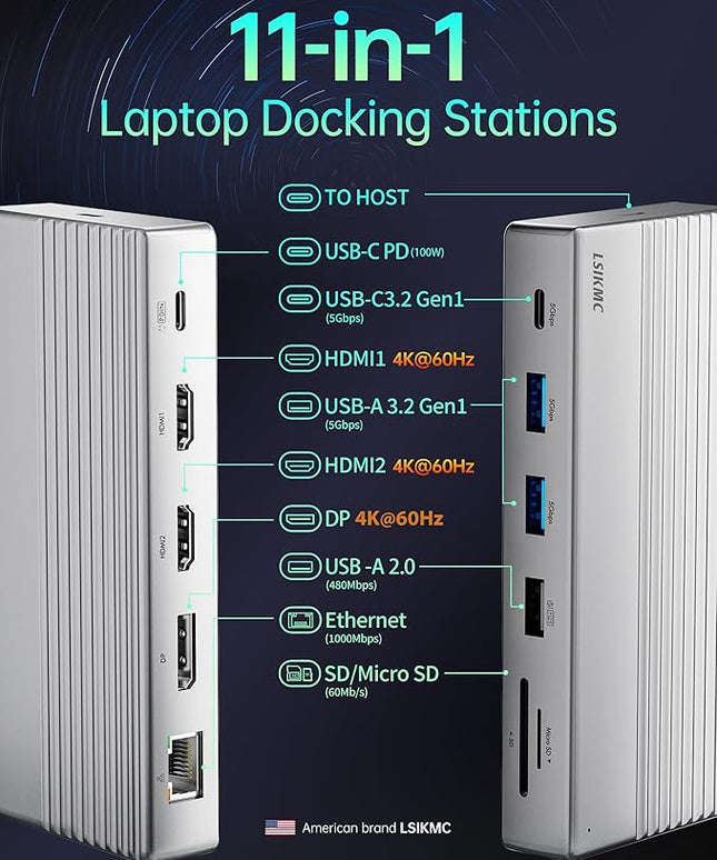 USB C Docking Station 3 Monitors,11 in 1 Laptop Docking Station Dual Monitor with Dual HDMI 4K@60hz+DP 4k@60Hz+Ethernet+3USB+1USB C+PD+SD/TF,USB C Hub Multiport Adapter for Dell/HP/Surface/Lenovo