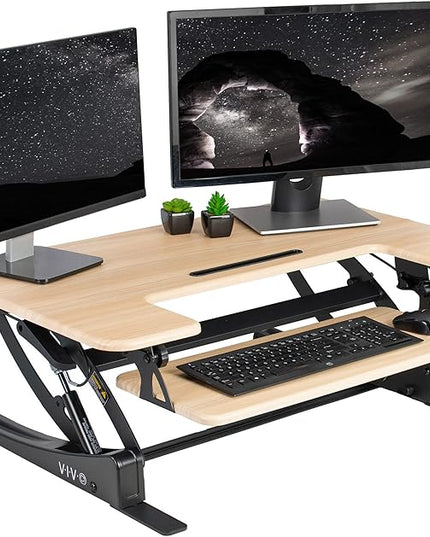 VIVO 36 inch Height Adjustable Stand Up Desk Converter, V Series, Quick Sit to Stand Tabletop Dual Monitor Riser Workstation, Light Wood Top, Black Frame, DESK-V000VO