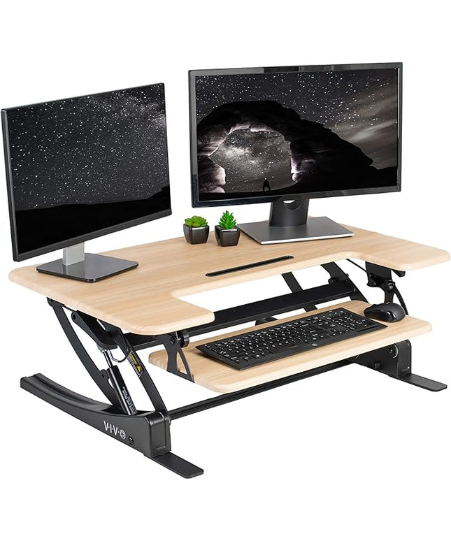 VIVO 36 inch Height Adjustable Stand Up Desk Converter, V Series, Quick Sit to Stand Tabletop Dual Monitor Riser Workstation, Light Wood Top, Black Frame, DESK-V000VO