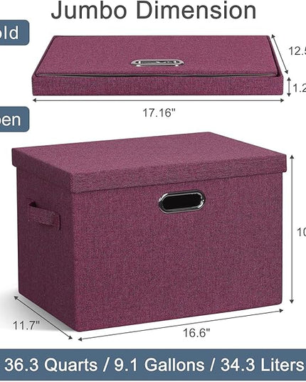 Large 17" 36 Quart Collapsible Stackable Storage Bins with Lids, 3 Packs Purple Linen Fabric Closet Boxes with Lids, Storage Cube Baskets Container Organizers for Bedroom Office (17x12x11)
