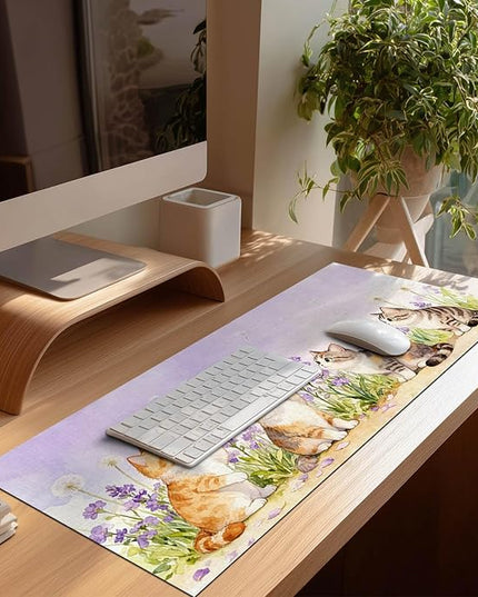 XL Mouse Pad Gaming Mousepad 31.5 x 11.8 Inch Large Keyboard Desktop Mat Diatomite Mouse Pad for Home and Office Desk Accessories with Watercolor Cat Lavender Meadow Artwork