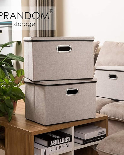 PRANDOM Large Foldable Storage Bins with Lids [3-Pack] linenFabric Decorative Storage Boxes Organizer Containers Baskets Cube with Handles Divider for Bedroom Closet Office Light Grey(17.7x11.8x11.8)
