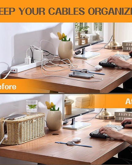 FairyHaus Cable Management Box 2Pack Caramel, Handwoven Large and Small Cable Organizer Box Cover to Hide Cords and Power Strip, Imitation Wicker Cord Organizer Box Hider for Office Desk and Floor