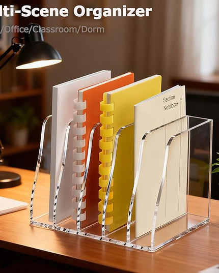 YUXUN Clear Acrylic File Folder Holder - 5 Vertical Compartments Desk Document Sorter, Upright Magazine Rack for Office/Home/Classroom, Stores Documents, Tablets, Magazines, Books & Accessories
