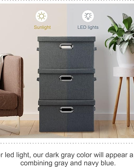 Medium 15" 21 Quart Collapsible Stackable Storage Bins with Lids, 3 Packs Dark Grey Foldable Fabric Closet Boxes Heavy-duty Linen Cube Baskets Container for Bedroom Office (15 x 11 x 8)