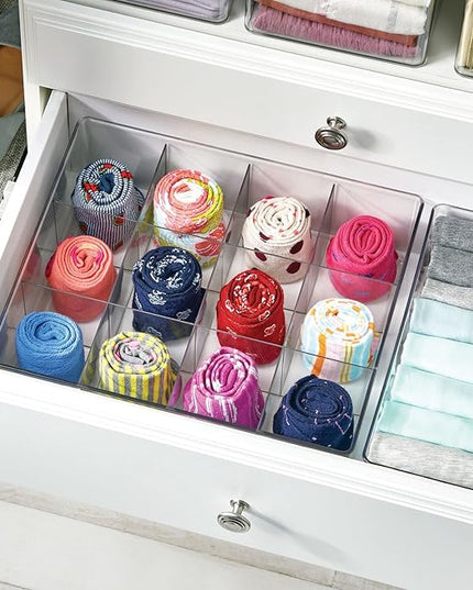 mDesign Plastic 12 Compartment Divided Drawer and Closet Storage Bin - Organizer for Scarves, Socks, Ties Bras, and Underwear - Dress Drawer Organizer, Shelf Organization - Clear