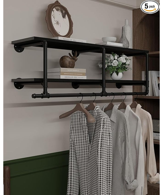 Wall Mounted Clothes Rack 12 Inch Deep, 48 Inch Heavy Duty Garment Rack with Real Black Wood Shelf, Multi-Purpose Hanging Rod & Space-Saving Closet Storage Organizer
