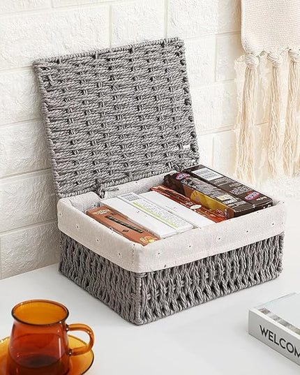 GIB Small Wicker Storage Baskets with Lids and Liner, Rectangular Paper Rope Woven Baskets for Organizing, Decorative Boxes Boho Decor for Shelves Table Desktop Makeup Organizer, Set of 3, Grey