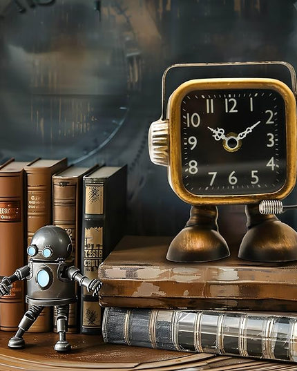 YOUKI Retro Steampunk Style Robot Table Clock,Industrial Style Desk and Shelf Clocks,Decorative Battery Operated,Silent Non-Ticking Clock for Office, Living Room or Bedroom