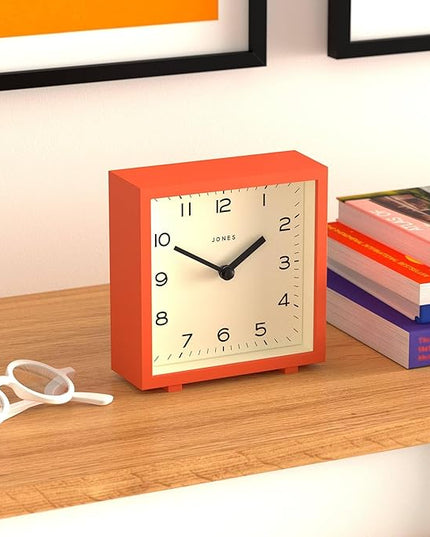 JONES CLOCKS® Disco Desk Clock | Sleek Square Design | Orange | Stylish and Easy to Read for Shelf, Table, Mantel or Bedside