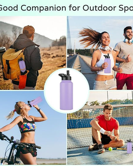 DOMICARE 32 oz Insulated Water Bottle, Vacuum Insulated Stainless Steel Sports Water Bottle with Straw Lid & Spout Lid, Leakproof, Reusable - Travel, Camping, Bike, Purple