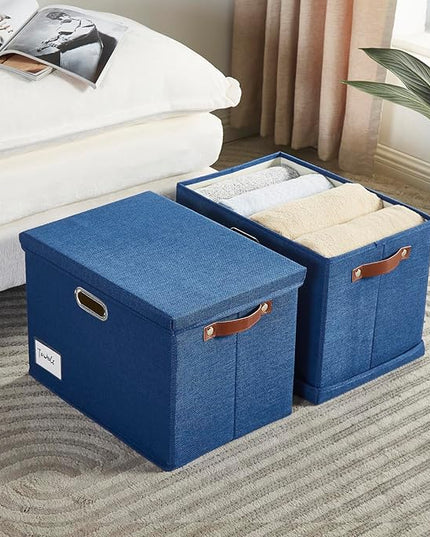 17" Large Collapsible Storage Bins with Lids, Stackable Closet Organizers with PU Handle and Labels, 3-Pack Decorative Fabric Storage Boxes for Home, Bedroom, Closet, Office, Nursery(Navy)