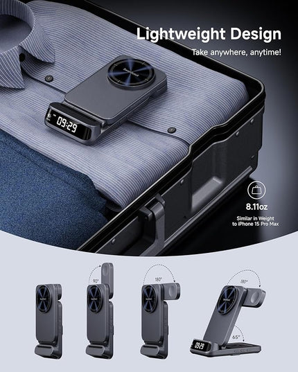 Wireless Charger Stand Compatible with MagSafe, SwanScout 708M, Foldable 3 in 1 Magnetic Wireless Charging Station for iPhone Air/17/16/15 Series, Travel Charger for Apple Watch, AirPods (No Adapter)