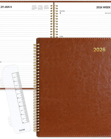 SUNEE 2026 Planner, Weekly and Monthly Calendar Planner 9"x11.2"- 12 Month (January 2026 - December 2026), Vegan Leather Cover, Pocket, Bookmark, Notes, Monthly Tab, Brown