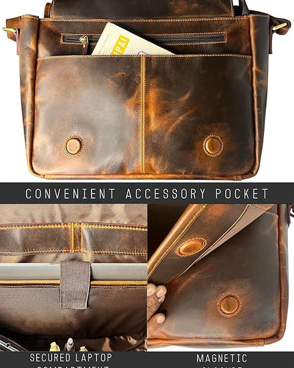 Leather Messenger Bag for Men 14" Leather Laptop Bag Vintage Crossbody Office Satchel Travel Shoulder Bag