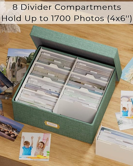 Decorative Photo Storage Box - 2 Pack Linen Photo Box Organizer with Dividers, Fits Holds Up to 1700 Pictures and 4x6 Photos, Memory Keepsake Organizer for Scrapbook Supplies, Cards, Stamps (Green)