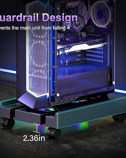Adjustable Computer Tower Stand with Cooler Fan and Light, PC Stand for Floor, Mobile CPU Holder with 4 Caster Wheels Fits Most PC Tower, Under Desk CPU Holder for Office,Gamers and Students