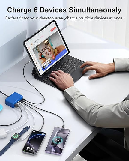 USB C Fast Charger, 100W GaN 6 Port Type C Charging Station Hub Block Cube, USB C Wall Charger Power Strip Adapter Plug for iPad iPhone 17 16 15 14 13 12 Pro Max Pixel Note Galaxy, 5ft Cord