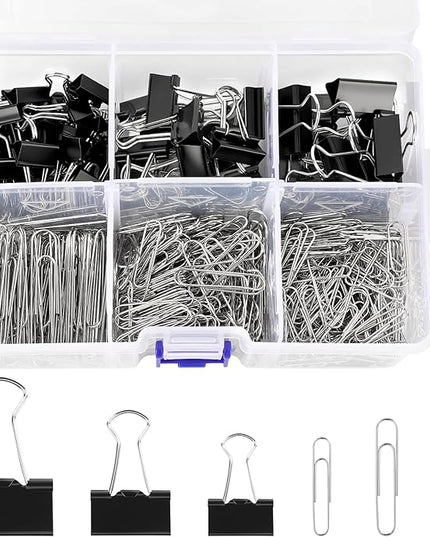 SANNIX 500Pcs Paper Clips and Binder Clips Assorted Sizes, Silver Paper Clips Black Binder Clips with Large Medium Small Size in Container for Office Home School Supplies Document Organizing