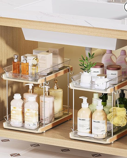 Delamu 2 Tier Bathroom Under Sink Organizers and Storage with Hook, Multi-Purpose Cabinet Drawers with Movable Dividers, Pull Out Organization for Countertop, Kitchen and Pantry(Wood Grain, 2 Pack)