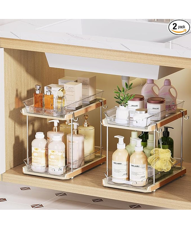 Delamu 2 Tier Bathroom Under Sink Organizers and Storage with Hook, Multi-Purpose Cabinet Drawers with Movable Dividers, Pull Out Organization for Countertop, Kitchen and Pantry(Wood Grain, 2 Pack)