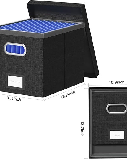 File Organizer Box - File Boxes for Hanging Files with Lid Set of 3 Decorative Hanging Folders Organizer with One-Piece Plastic Frame Slides (Black, 13.2 * 10.1 * 10.1in(2Pack))