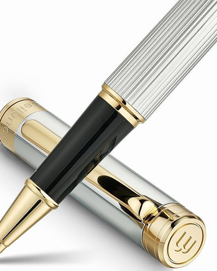 BEILUNER Lighthouse series Rollerball pen, Silver Chrome pen body, exquisite vertical lines, Schneider 850 refill, suitable for men, office, professionals, exquisite and chic designer pen