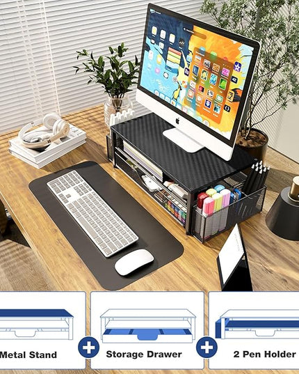 OPNICE Desk Organizer and Accessories, 2-Tier Computer Monitor Stand with Drawer and 2 Pen Holders, Laptop Stand, Office Desk Accessories for Office Supplies, Carbon Fiber