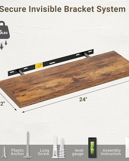 Vivelove 10 Inch Deep Floating Shelves 24 inch Long, 24 x 10 Wide Wall Shelves with Invisible Brackets, for Bedroom Bathroom Living Room Kitchen Office, Farmhouse Home Decor, Set of 2, Rustic Brown