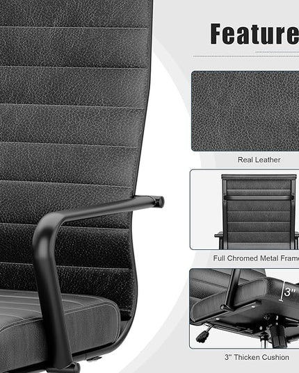 Okeysen Genuine Leather Office Desk Chair, Mid-Century Modern Real Leather Conference Room Chairs, Ergonomic Executive Ribbed Height Adjustable Swivel Rolling Chair for Home Office.