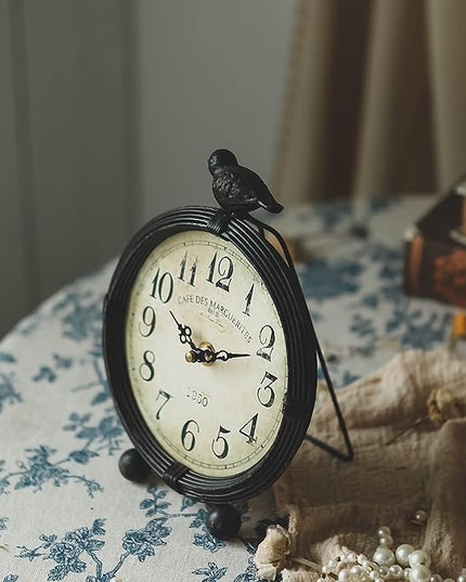 NIKKY HOME Vintage Table Clock with Bird, Metal Desk Clocks Battery Operated Black Retro Table Clock on Stand Decorative Desk Clock for Bedroom Living Room Shelf
