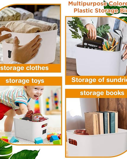 Thyle 12 Pack 7 Quarts Plastic Storage Bins for Christmas Storage with Lids Handles Colorful Stackable Desktop Box Bins with Label for Shelf Drawer,10 x 7 x 6 Inch (White)