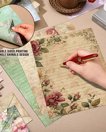 TaoBary 160 Pcs Stationery Paper Set 50 Double Sided Stationery Papers with 50 Matching Envelopes and 60 Round Dot Sticker, 10 Design(Vintage Floral,8.5 x 11 Inch)