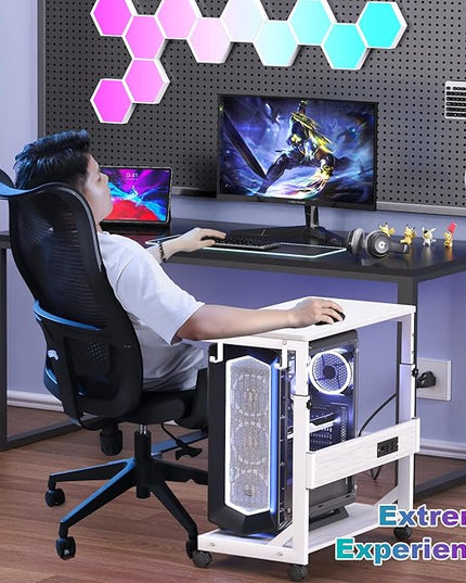 Height Adjustable Computer Tower Stand with Charge Station and USB Charging Port, 2-Tier ATX-Case Cart, Under Desk Mobile PC Stand, CPU Holder Cart with Locking Caster Wheels for Fits Most PC