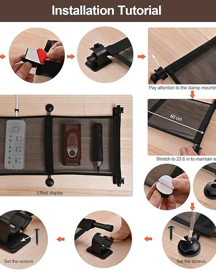 HX AURIZE Under Desk Cable Management Net – Flexible Wire Organizer with Side Rods & Center Hooks – Elastic Mesh Kit for Standing & Office Desks – Adhesive Positioning and Screw Lock Black