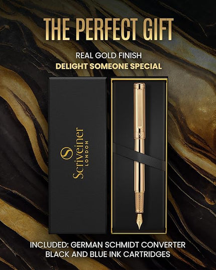 Scriveiner Luxury Fountain Pen - Stunning Luxury Pen, Real Gold Finish, Schmidt Gilded Nib (Fine), Converter, Best Pen Gift Set for Men & Women, Professional, Executive, Office, Nice Pens