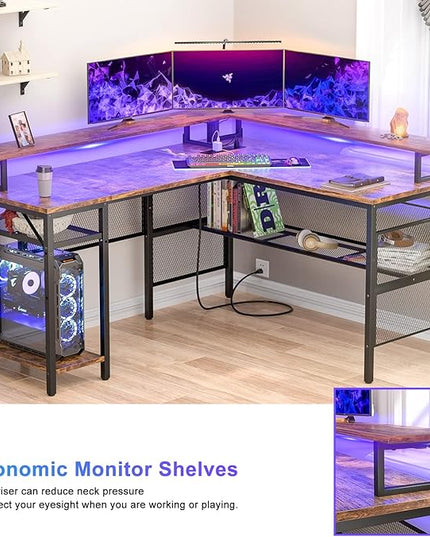 Unikito L Shaped Desk with LED Light and Power Outlet, Reversible Corner Computer Table with Monitor Stand and Storage Shelf, Modern L- Shaped Gaming Desk, Ergonomic Home Office Desk, Rustic Brown
