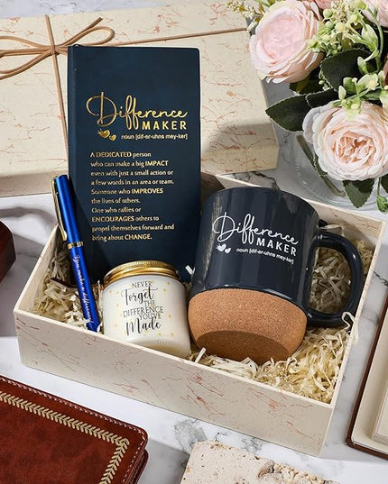 4 Pcs Difference Maker Gift for Women Men Teacher Employee Appreciation Gift for Coworker Staff Coach Difference Maker Mug Notebook Scented Candle Motivational Ballpoint Pen for Valentines(Navy Blue)